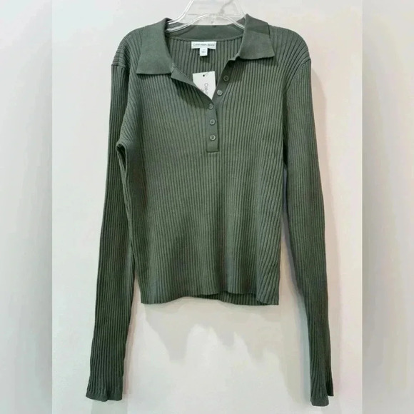 Calvin Klein Jeans Green Ribbed Half Button Sweater Size L - Picture 1 of 11